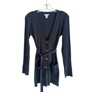 Vtg Cache Women’s Black Cardigan Button Up Belted Studded Size Medium Pockets